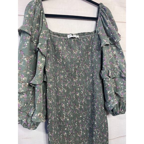 Petal & Pup Size 12 Smocked Midi Dress Green With Purple Floral Flirty Cute - Picture 7 of 7